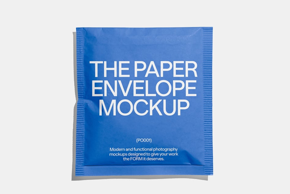 Blue crinkled paper envelope with ribbed edges, white text reads paper envelope mockup