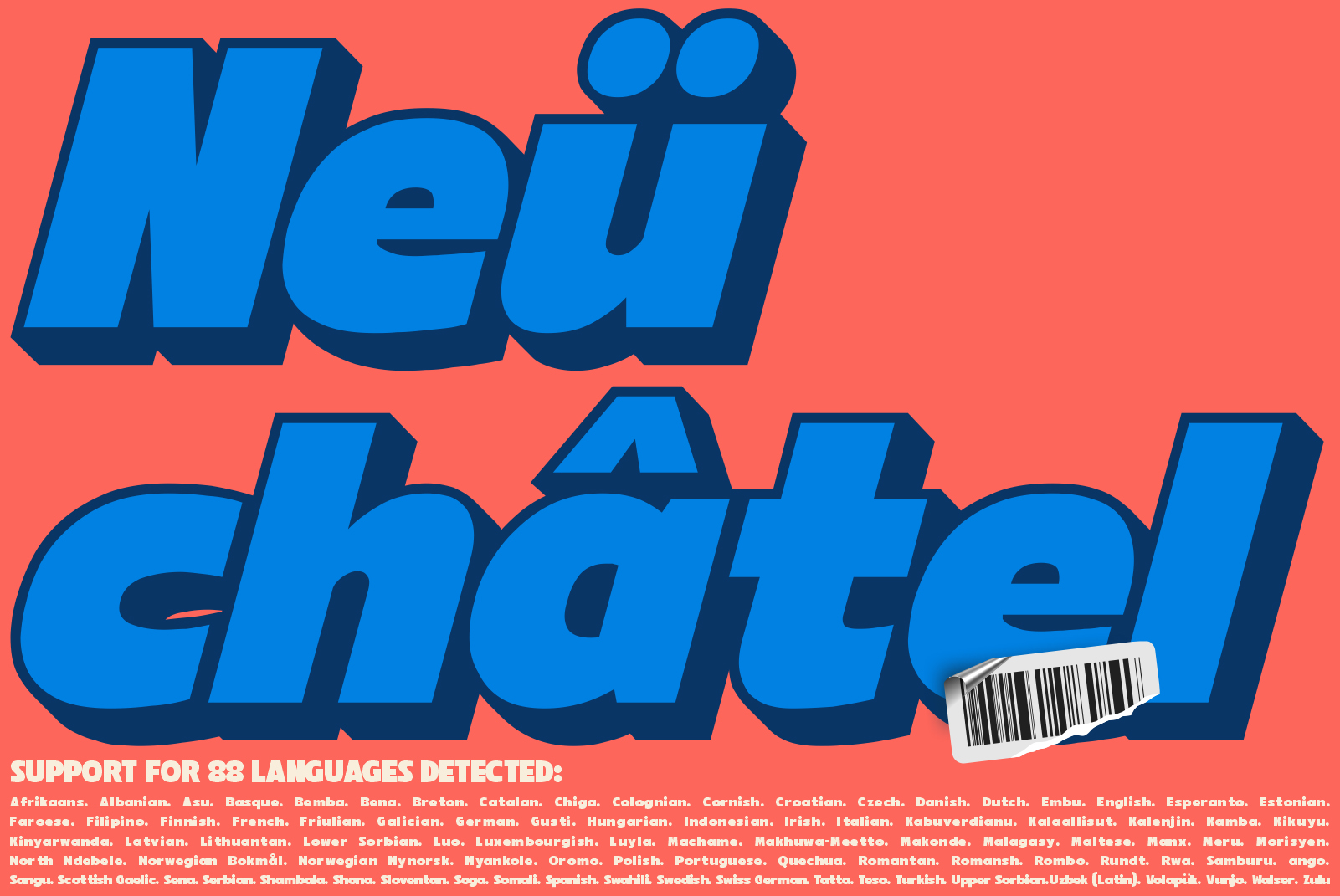 Chunky blue 3D lettering saying new chanel with barcode sticker on coral