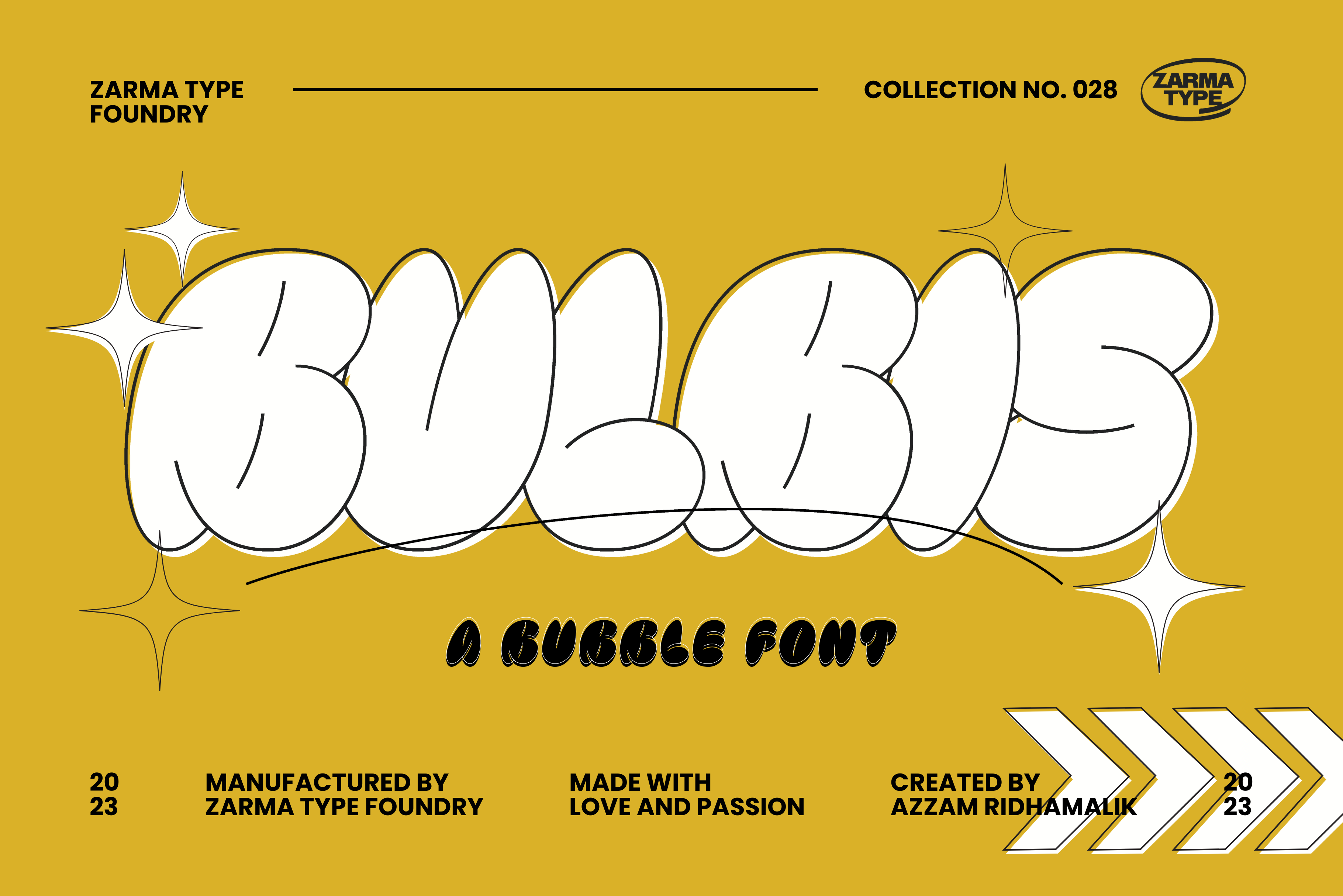 Bold bubble-style font on mustard background with sparkles. Ideal for graphic designers. Perfect for creative typography projects. Font asset.