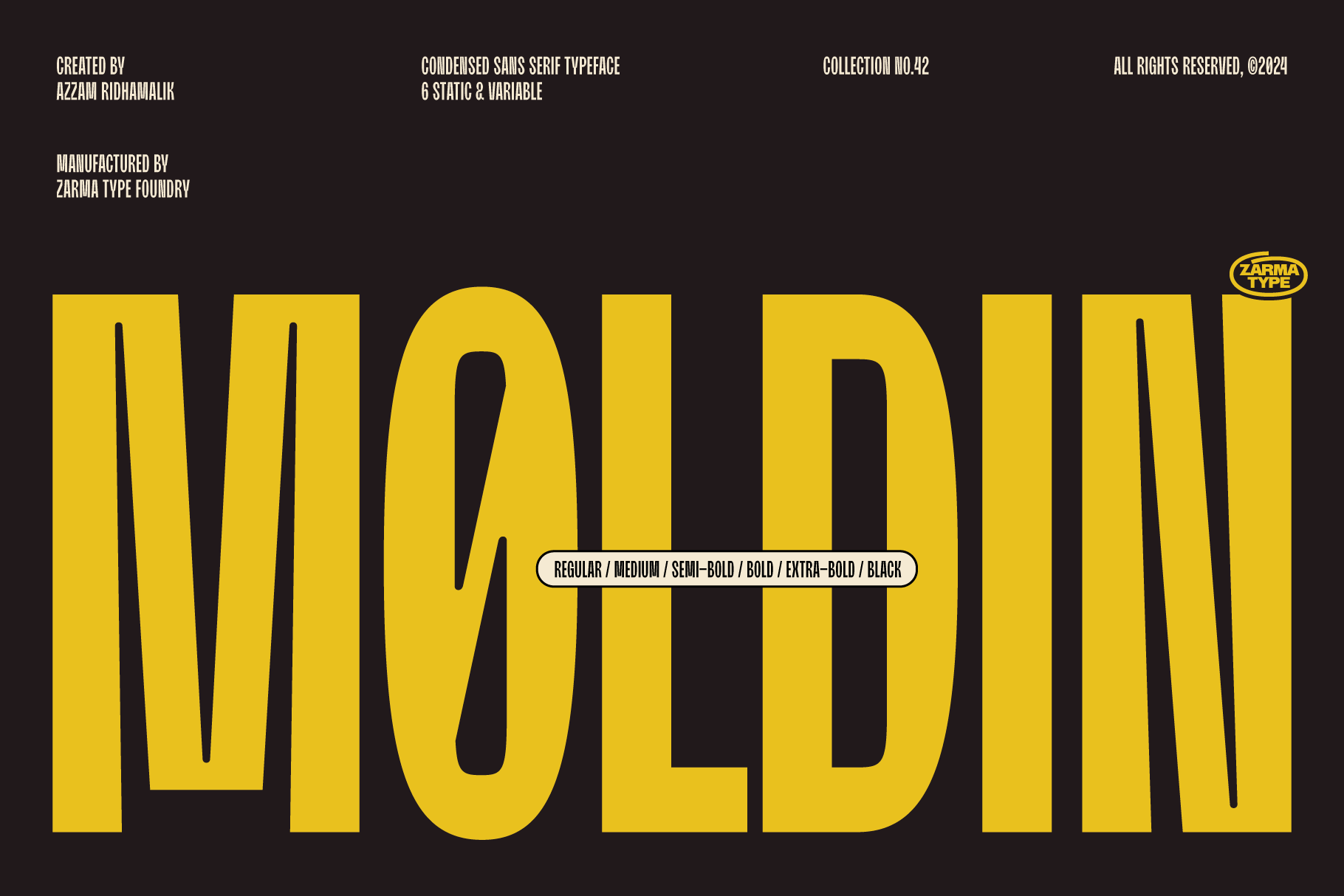 Bold yellow typography promo for a condensed sans serif font family Moldin. Includes styles from regular to black. Perfect for modern design needs.