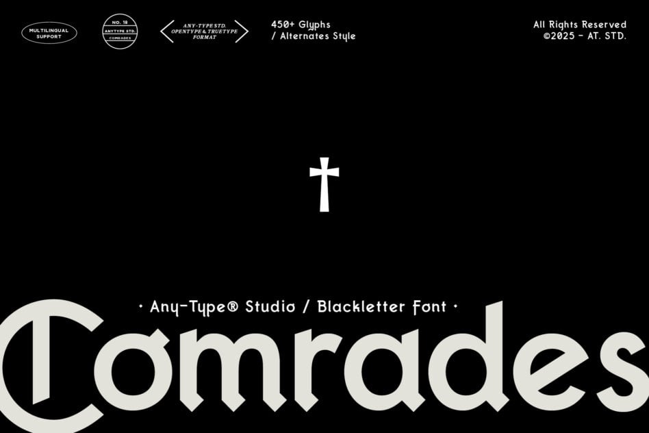 Comrades blackletter font details showing alternates style glyphs