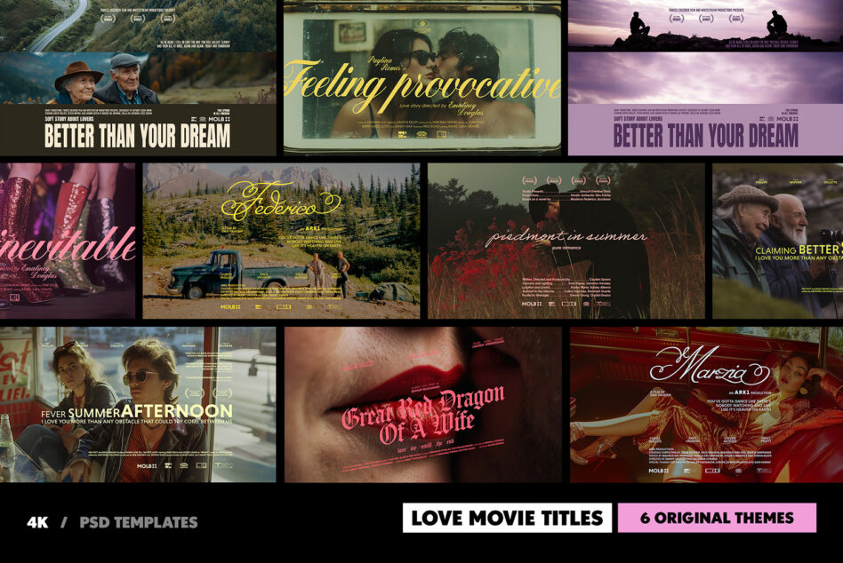 Collage of 4K PSD love movie title templates featuring diverse scenes themes and stylish typography ideal for designers creating cinematic graphics