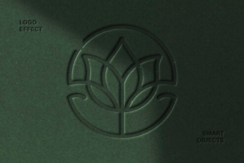 Green textured surface with embossed lotus flower logo inside circle outline