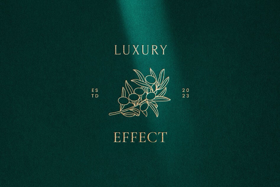 Luxury Effect branding with olive branch illustration gold text on teal background