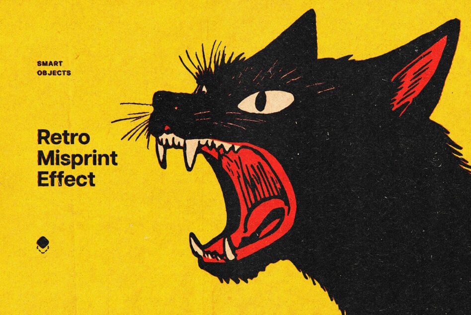 Snarling black cat with red details on yellow background showing retro misprint effect