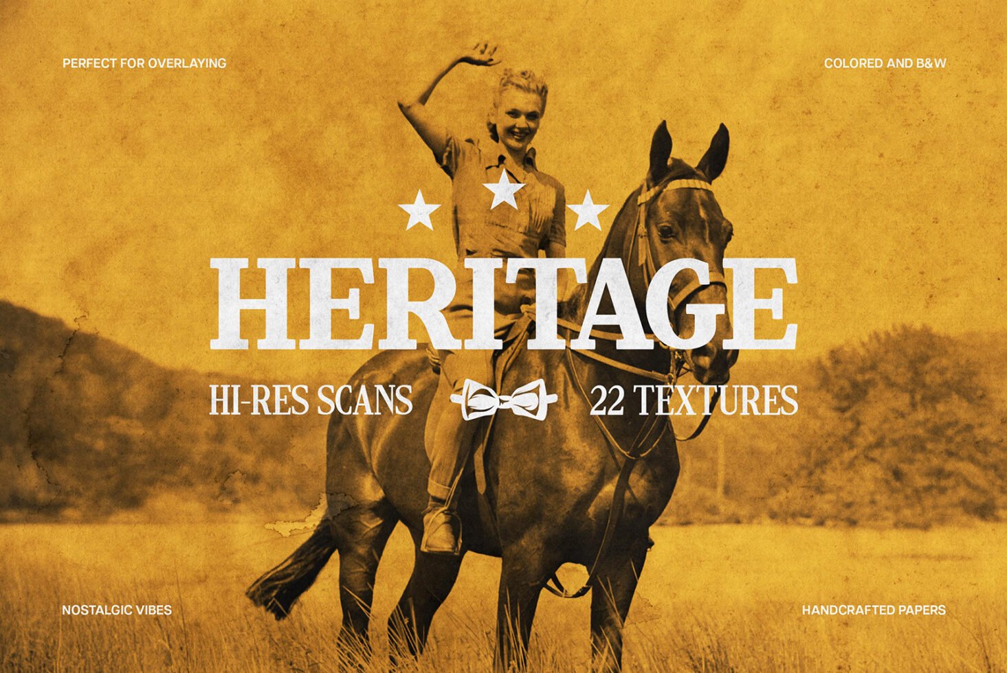 Vintage inspired design featuring a person on horseback with overlay text Heritage Hi-Res Scans 22 Textures, ideal for nostalgic graphic projects.
