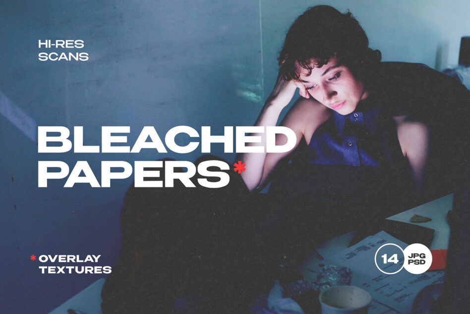 Hi-res scans bleached papers overlay textures collection with moody teal cyan tones, 14 files