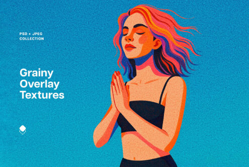 Colorful grainy overlay texture featuring an illustration of a person with multicolored hair on a blue background useful for graphics and mockups.