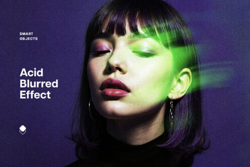 Woman profile with acid blur effect text on purple background, neon green half glow