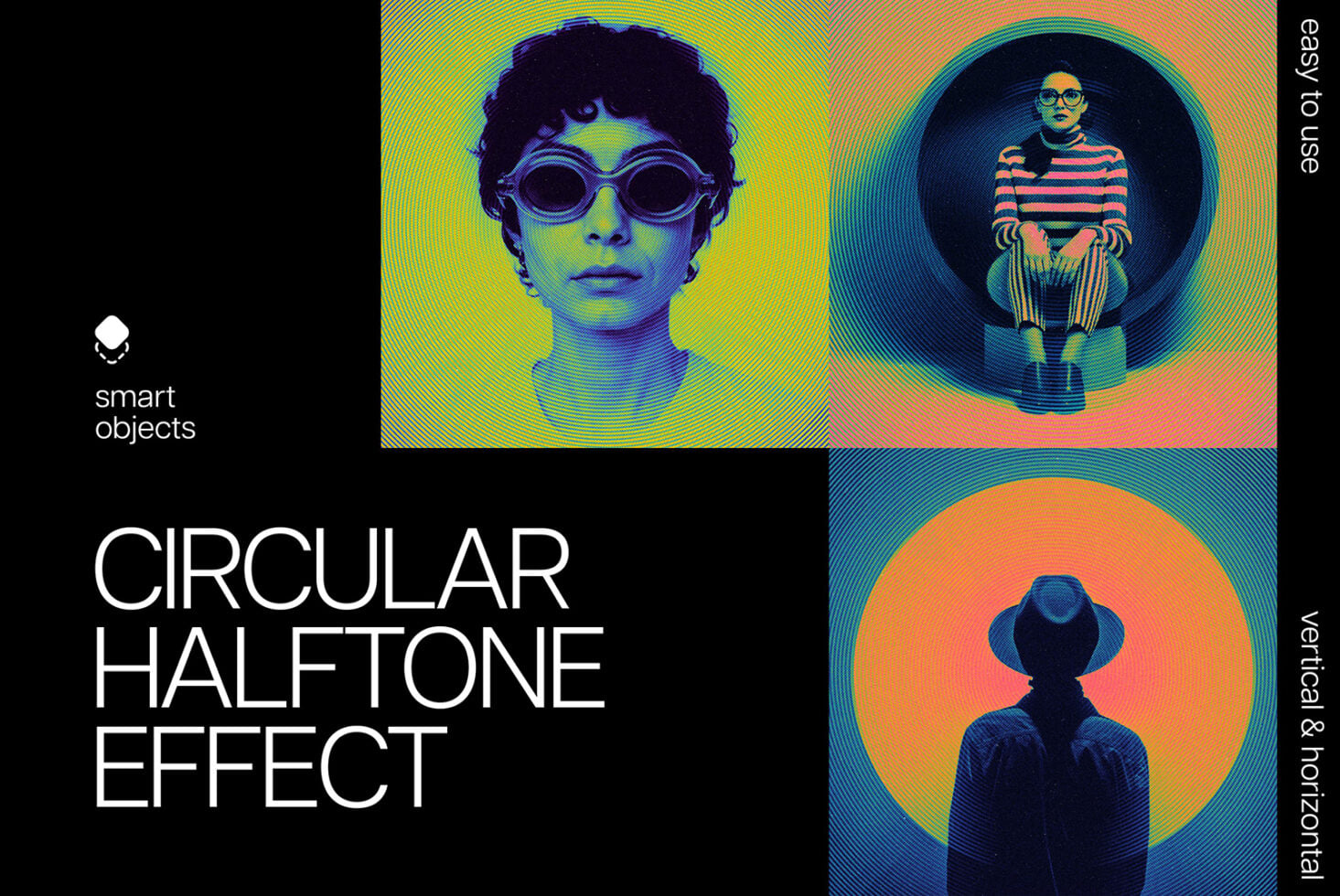 Neon halftone portraits with circular frames in yellow, blue, orange tones