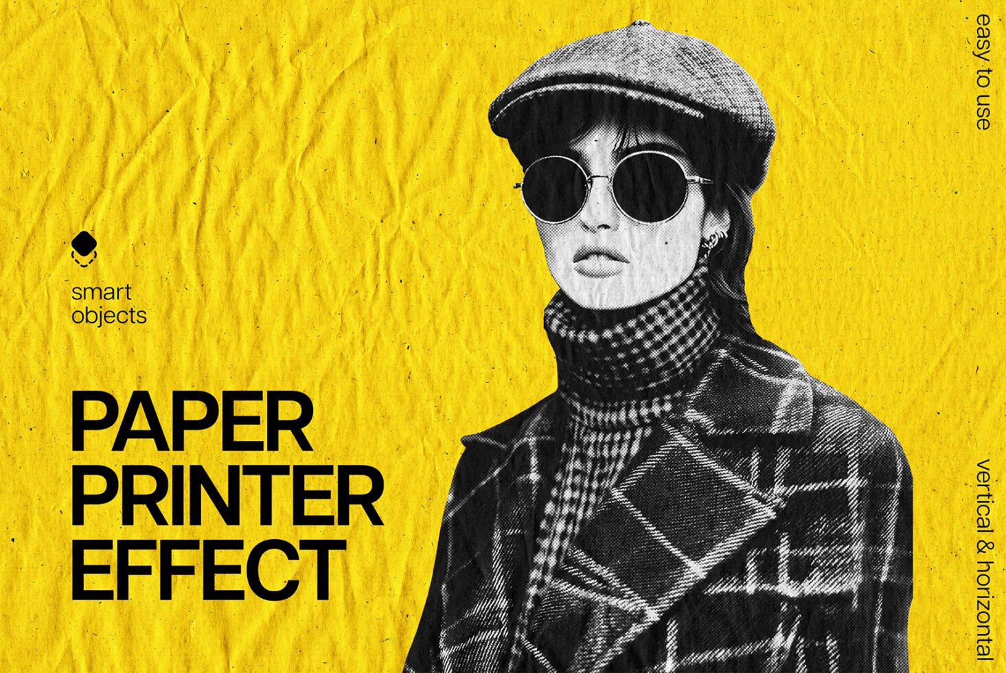 Paper printer effect graphic mockup featuring a woman in grayscale against a crumpled yellow paper background. Ideal for designers seeking unique textures.