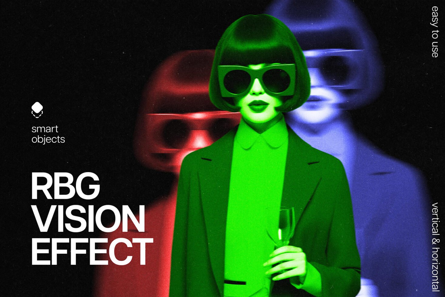 Vibrant RBG vision effect mockup featuring a stylish woman with sunglasses. Colorful overlays enhance design projects. Ideal for creatives and designers.