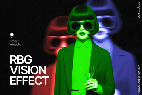 Vibrant RBG vision effect mockup featuring a stylish woman with sunglasses. Colorful overlays enhance design projects. Ideal for creatives and designers.
