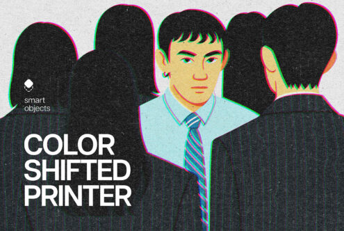 Color-shifted graphic template featuring a business professional surrounded by figures. Ideal for designers looking for unique illustration assets.