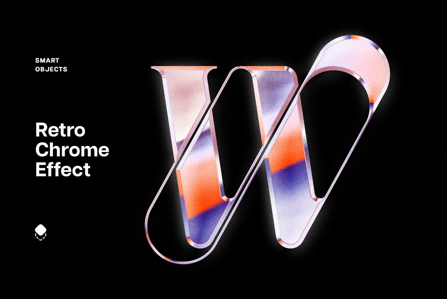 Retro Chrome Effect showcasing a stylized letter W in vibrant colors on black background perfect for design templates smart objects graphic assets