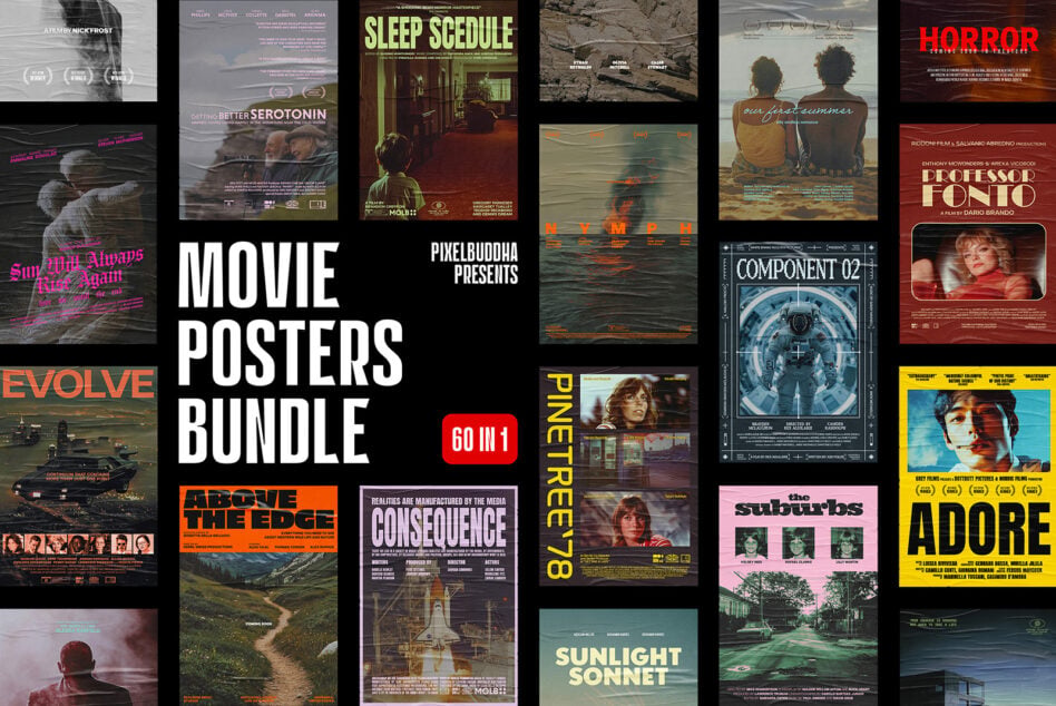Movie poster bundle collection showing 60 different film poster designs stacked together