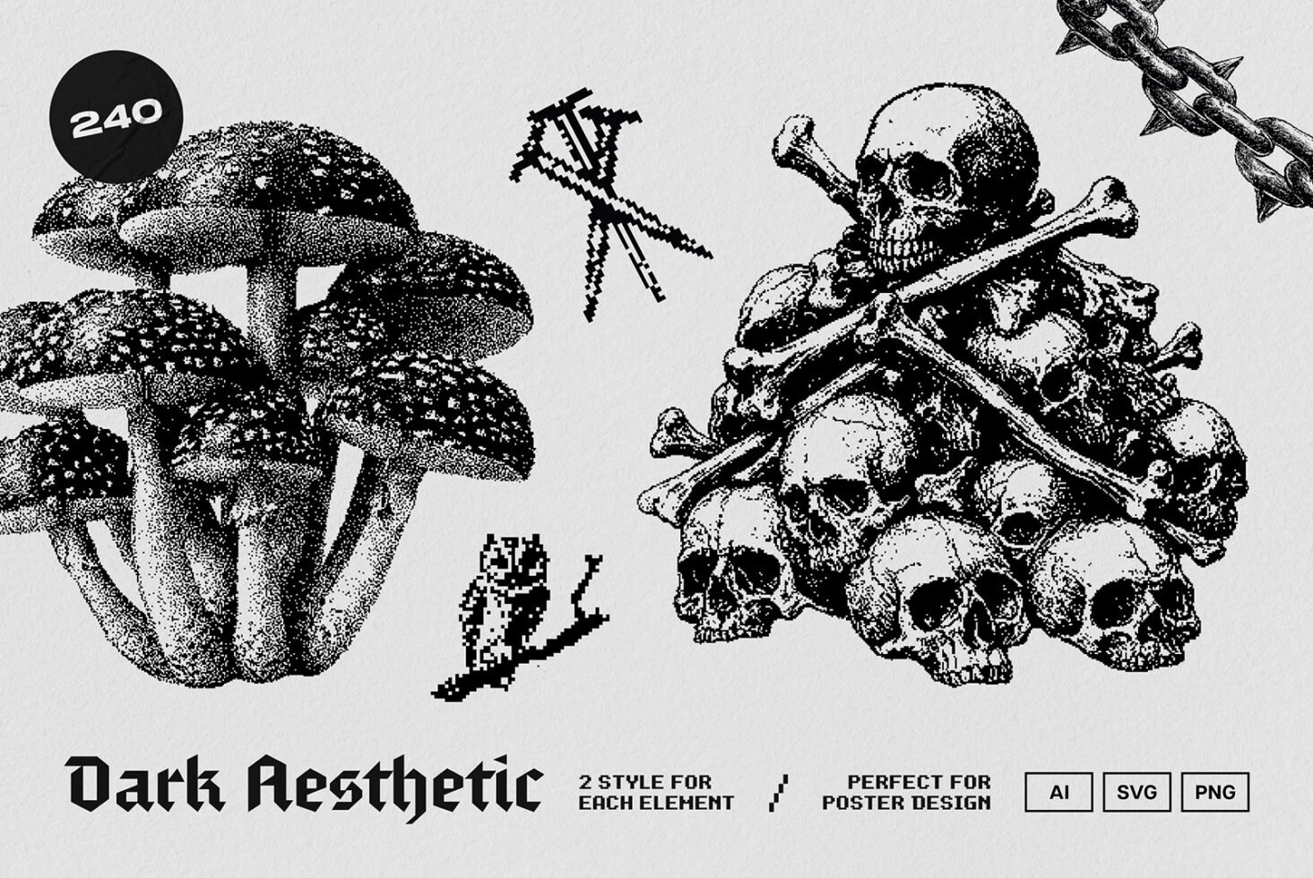 Dark aesthetic graphic design pack featuring skulls, mushrooms, chains and pixel art elements. Perfect for poster design. Available in AI, SVG, PNG formats.