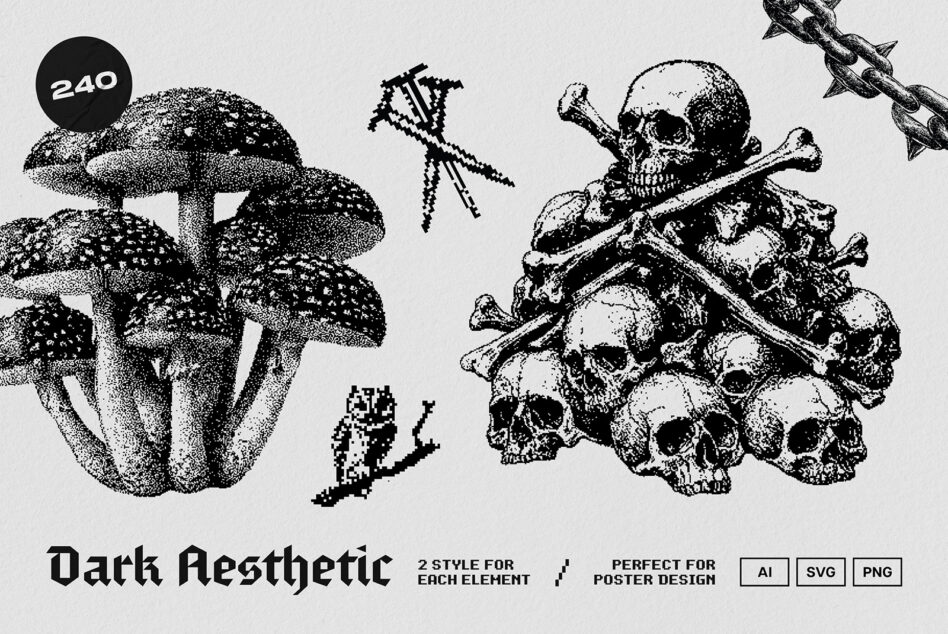 Poster mockup showing poisonous mushrooms pile, skull cross bones chains, chain detail