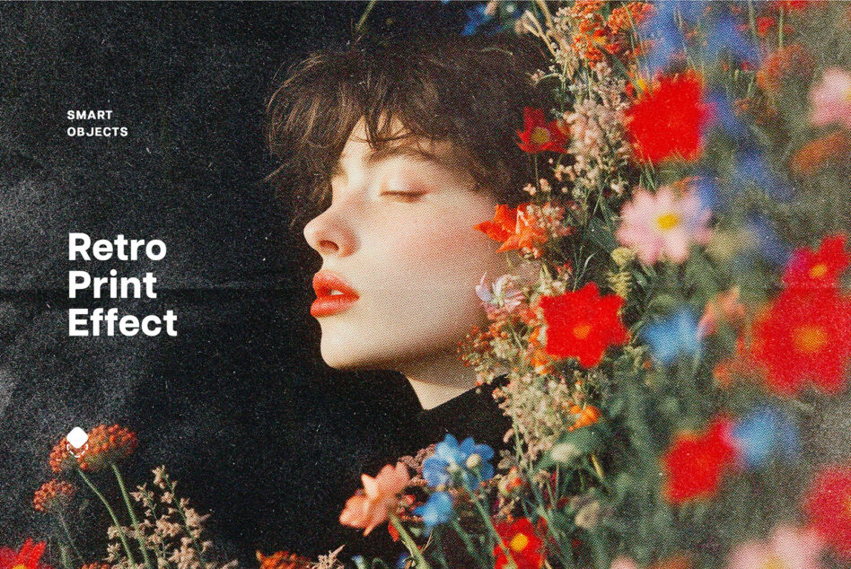 Woman profile with flowers, grainy retro print effect, black background
