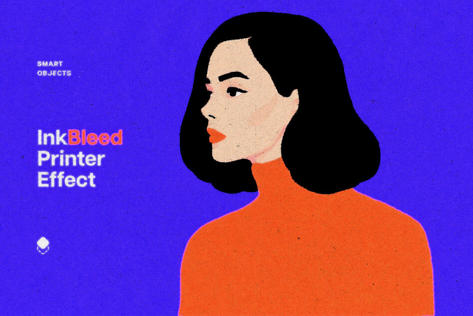 Woman in orange shirt on vibrant blue background with inkbleed printer effect text