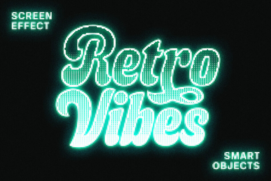 Retro neon script text with scan lines, labeled screen effect smart objects