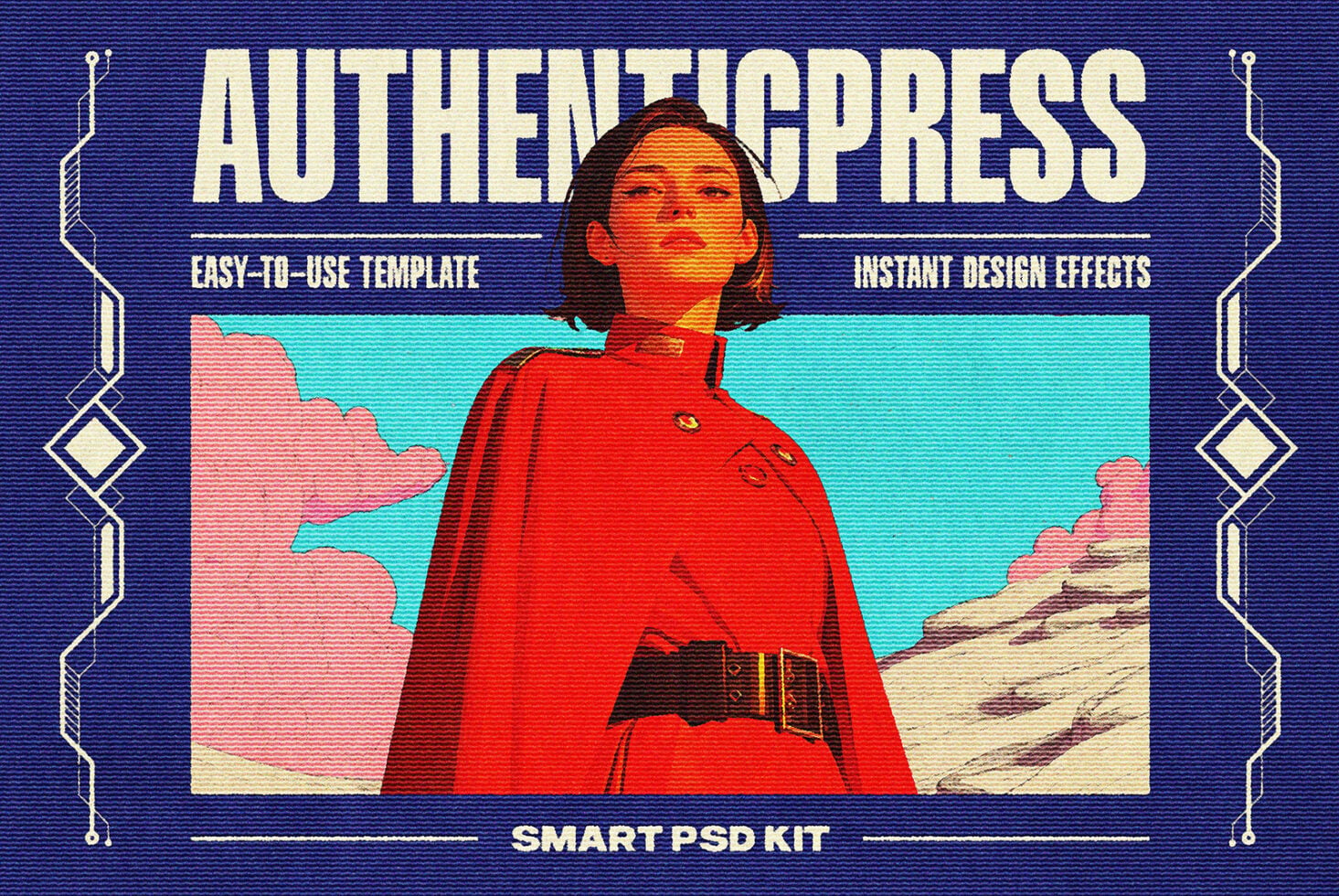 Retro VHS glitch effect template with woman in red cape on colorful desert landscape