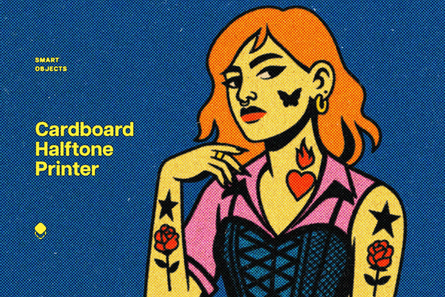 Cardboard halftone printer mockup with colorful pop art character graphic