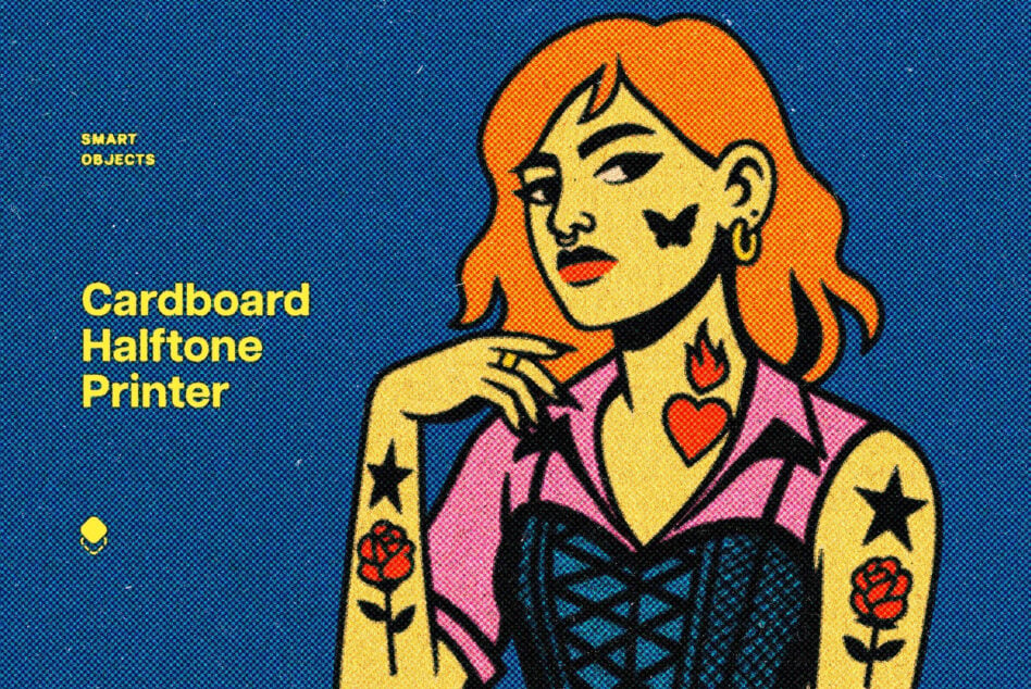 Cardboard halftone printer mockup with colorful pop art character graphic