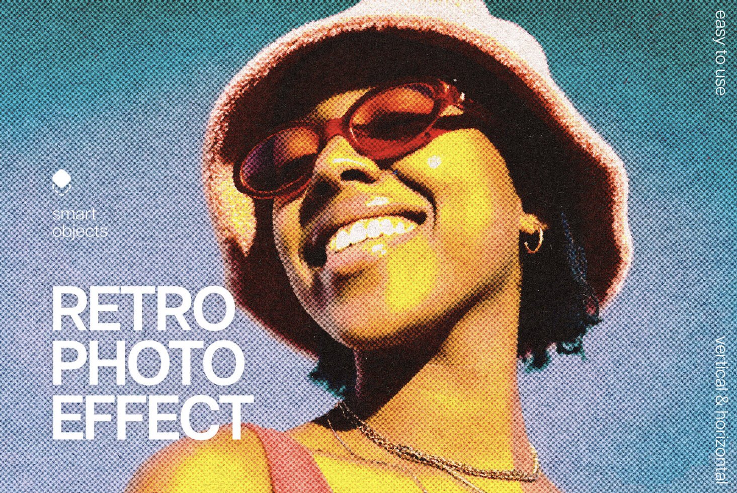 Designer asset showing retro photo effect in a digital mockup with halftone texture; ideal for vintage-themed projects with smart object support.