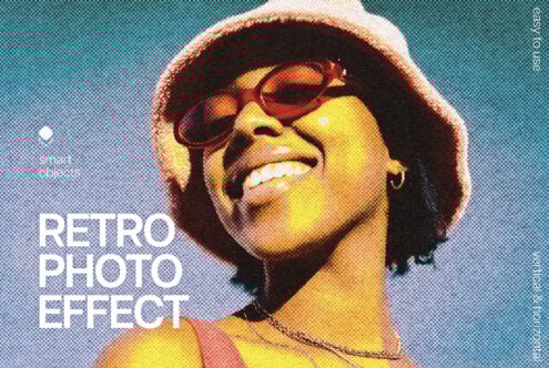 Designer asset showing retro photo effect in a digital mockup with halftone texture; ideal for vintage-themed projects with smart object support.