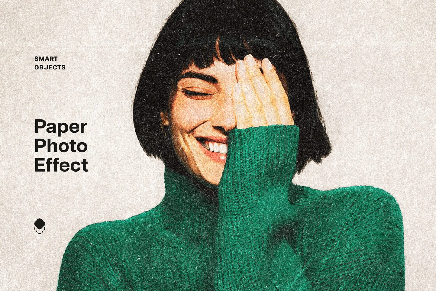 Smiling woman in green sweater with paper texture effect. Ideal for designers seeking unique photo effects and templates. Keywords: mockups, graphics.