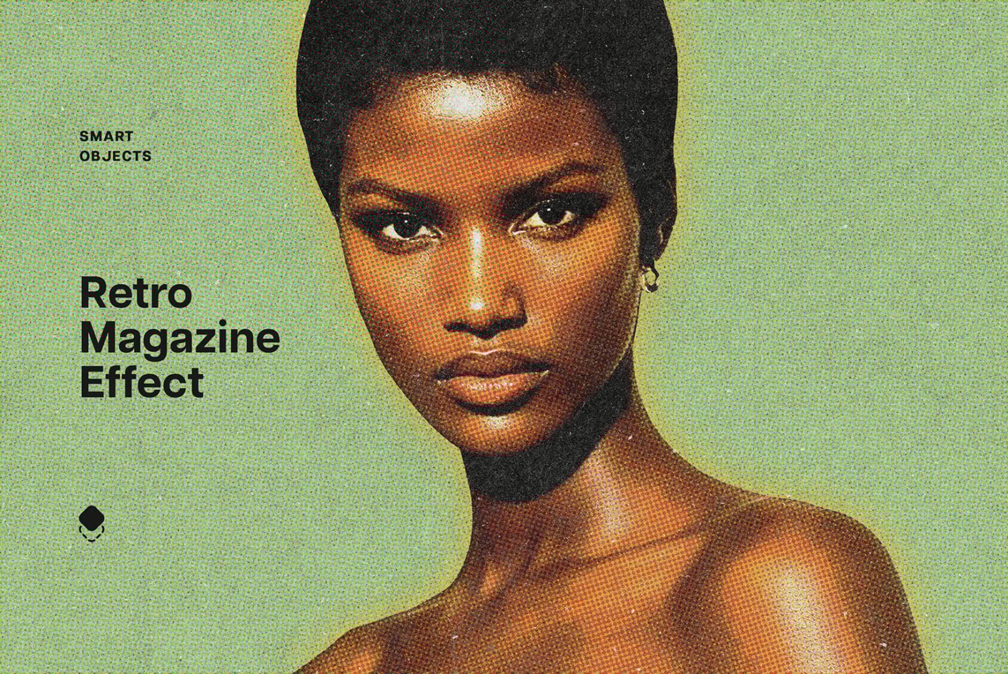Retro magazine effect portrait featuring a woman on a textured green background ideal for graphic designers seeking vintage style templates or mockups.