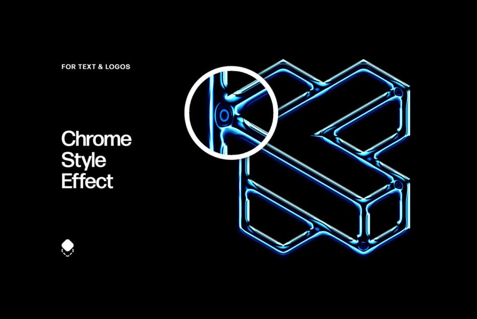 Neon blue 3D geometric shapes with chrome style effect on dark background