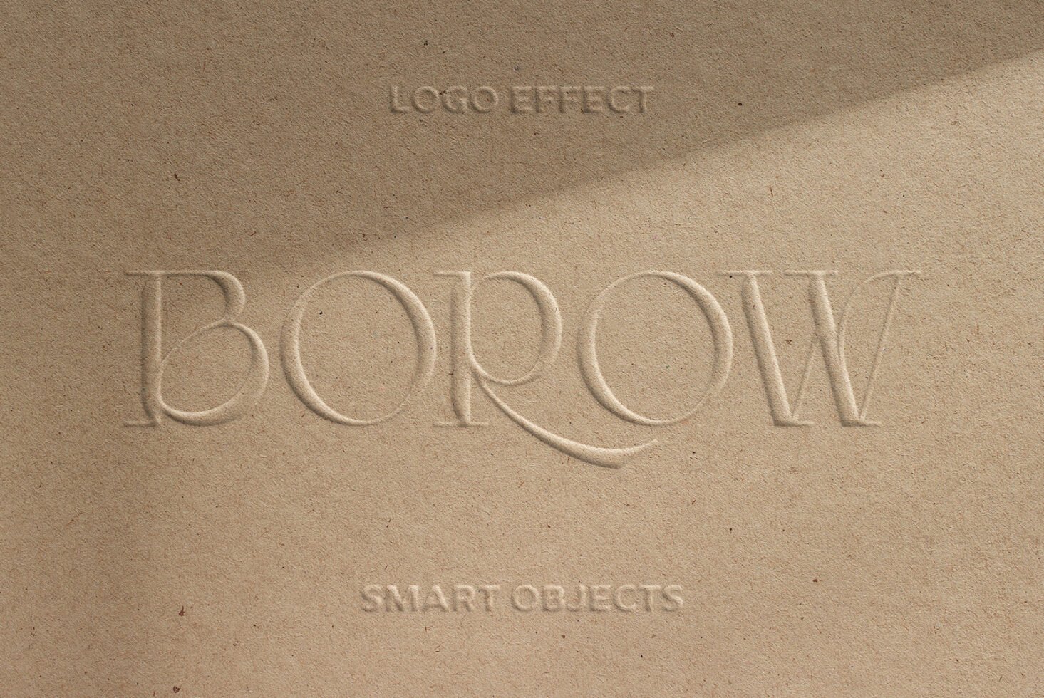 Embossed paper texture mockup featuring the word BOROW in elegant serif typography ideal for logo design or branding projects. Smart objects included.