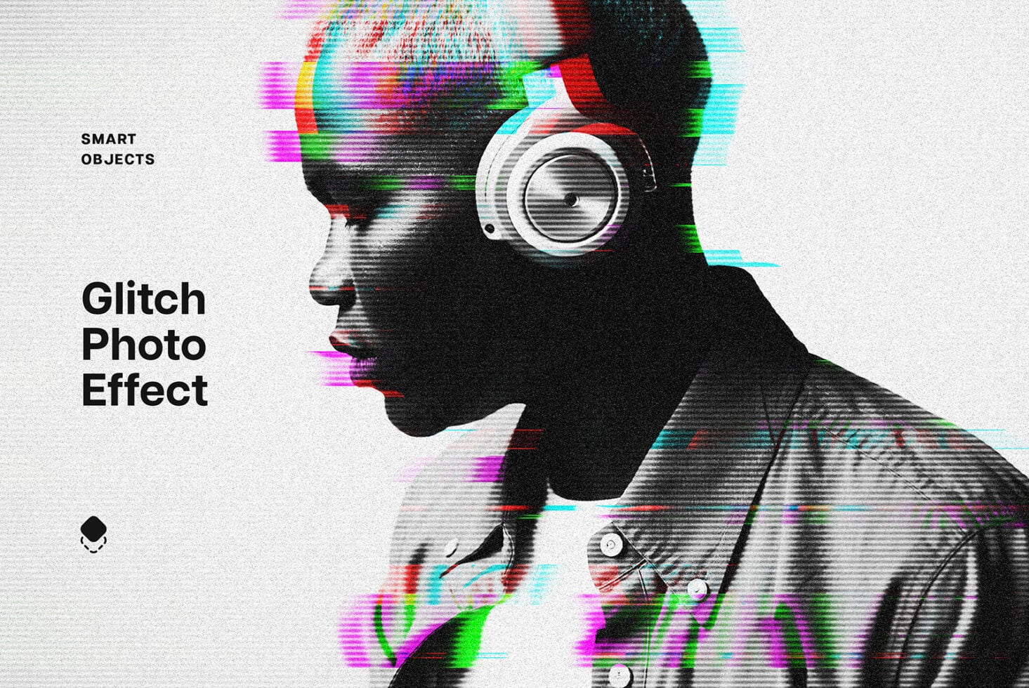 Person wearing headphones with colorful glitch overlay scanlines, retro tech aesthetic