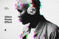 Person wearing headphones with colorful glitch overlay scanlines, retro tech aesthetic