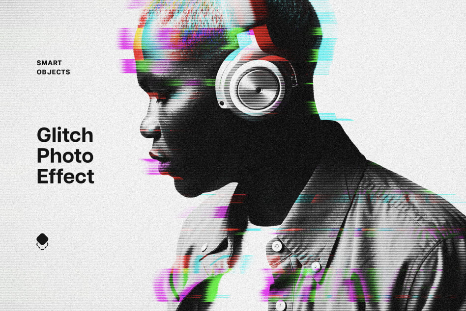 Person wearing headphones with colorful glitch overlay scanlines, retro tech aesthetic