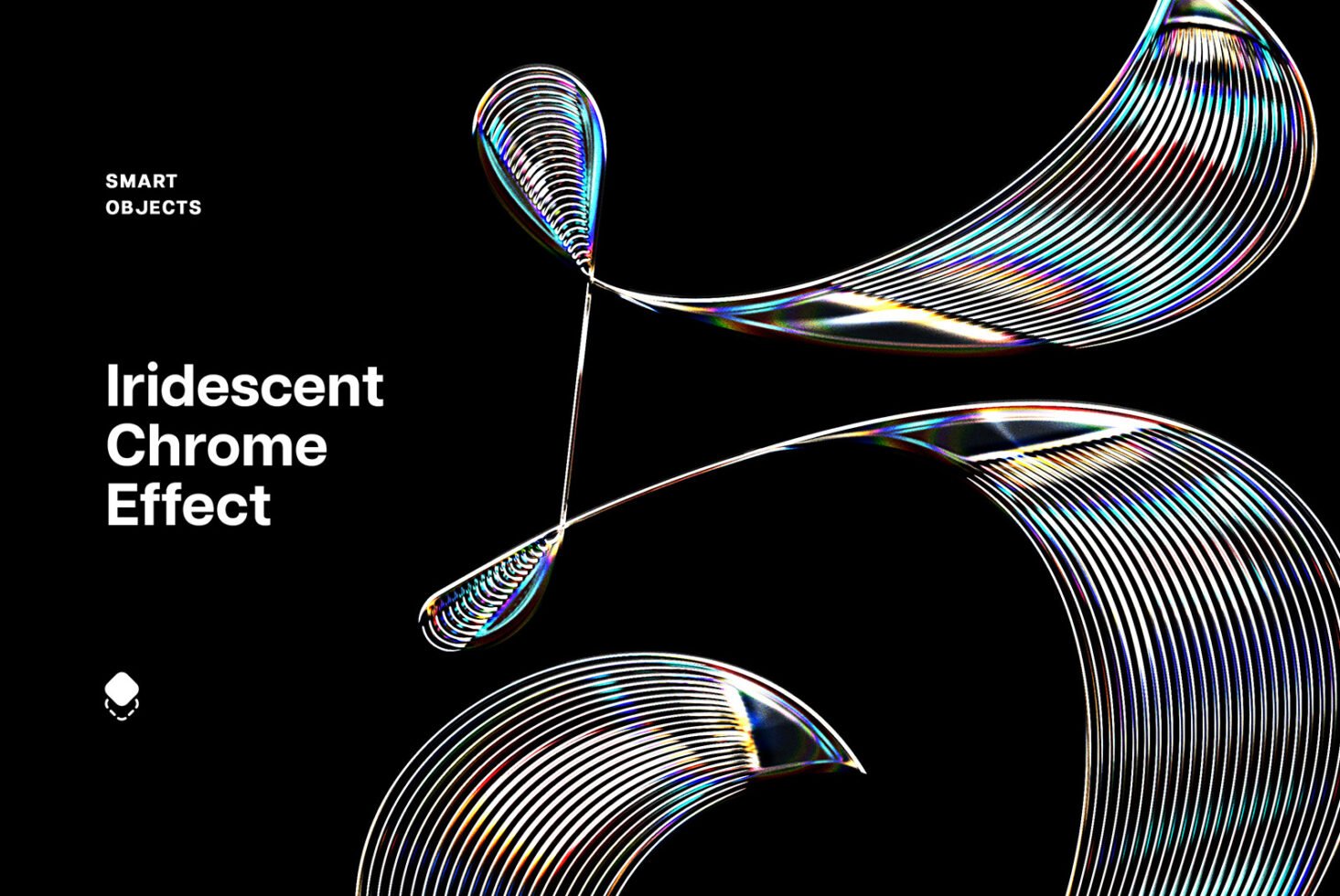 Iridescent chrome effect template for designers. Vibrant, abstract smart objects on black background perfect for modern graphic design projects.