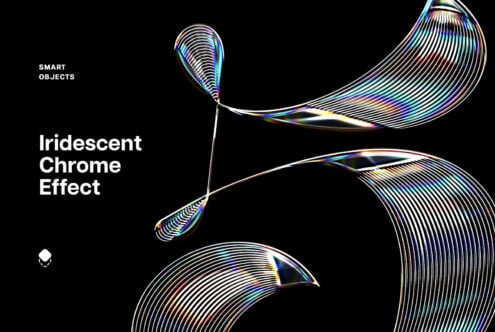 Iridescent chrome striped shapes with rainbow gradients on black background