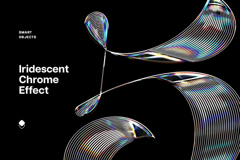Iridescent chrome striped shapes with rainbow gradients on black background