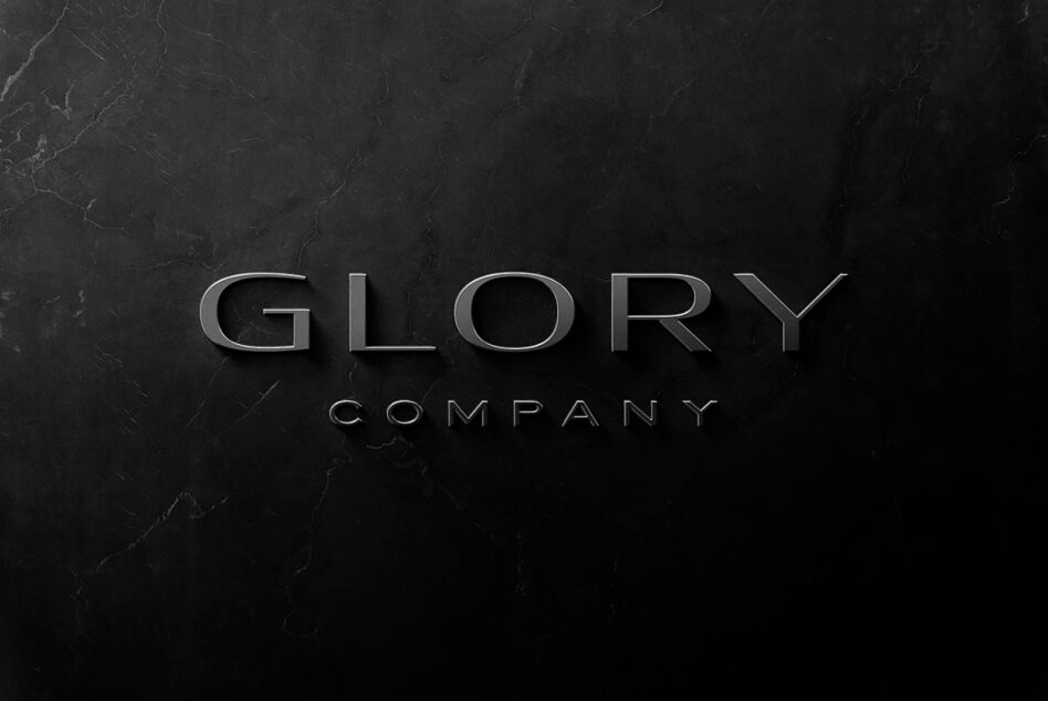 Elegant chrome text reading Glory Company on dark marble stone texture