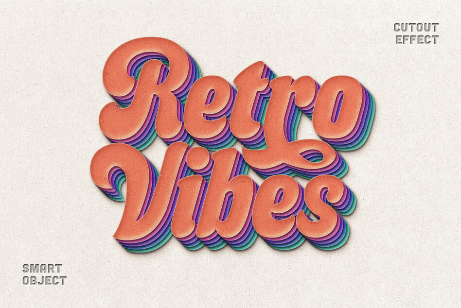 Vibrant 3D paper cut effect text reading Retro Vibes with rainbow layers