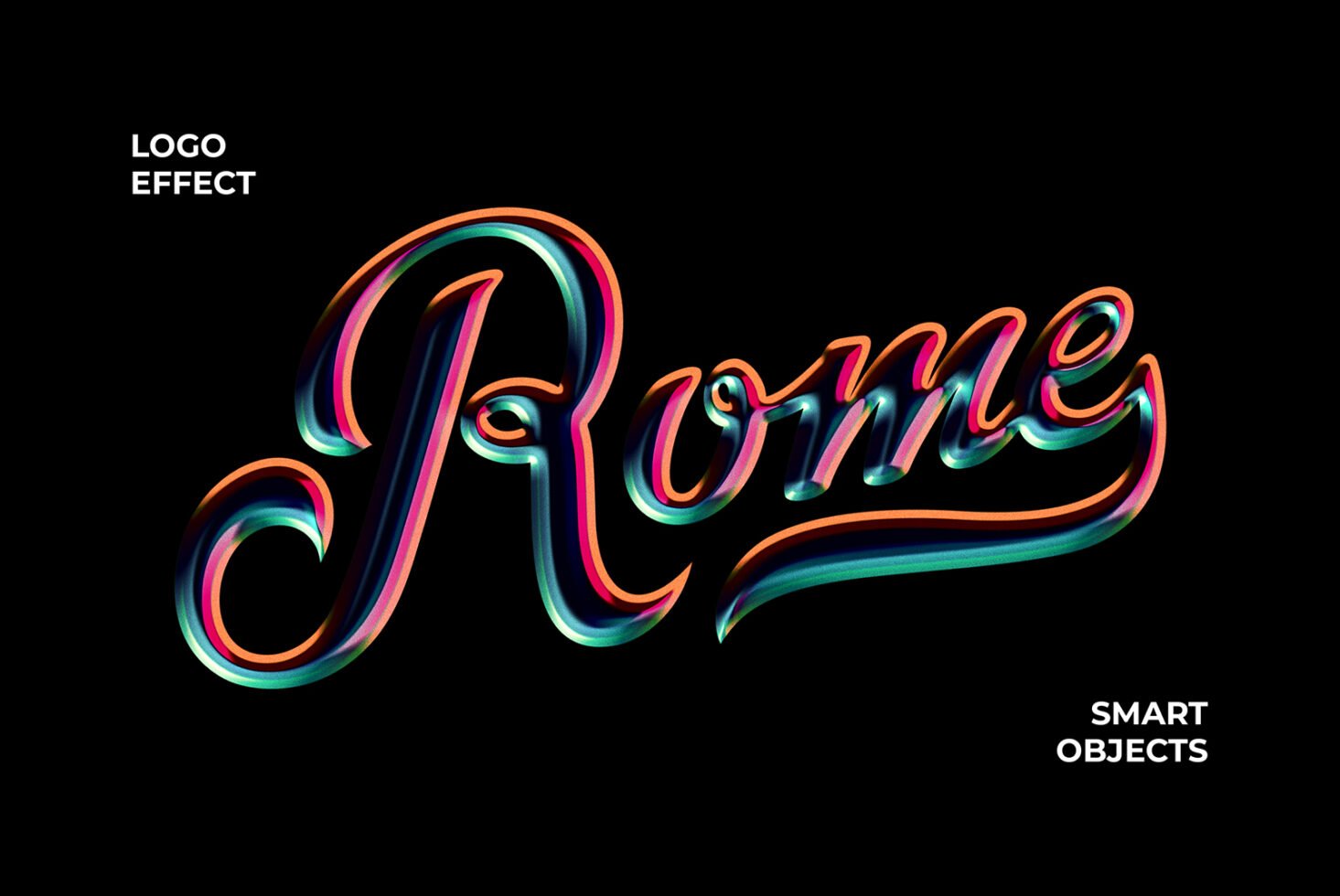 Colorful text effect template for designers features 3D vibrant lettering on black background perfect for logo design and smart object mockups.