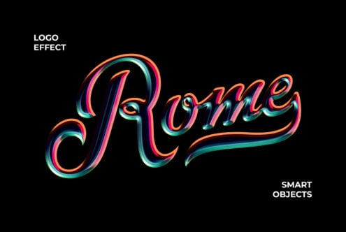 Script logo with neon rainbow glow effect on black background with smart objects label
