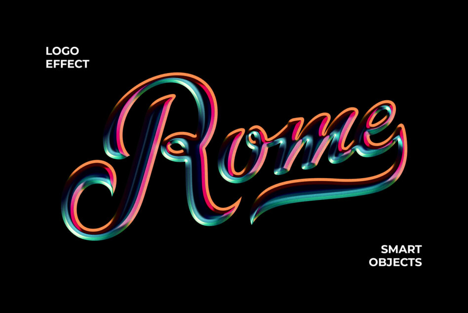 Script logo with neon rainbow glow effect on black background with smart objects label