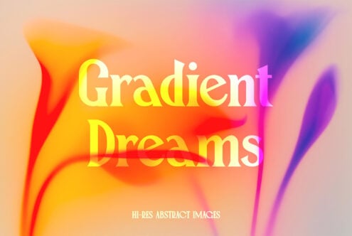 Gradient Dreams text in yellow with multicolor flowing shapes behind on soft peach background