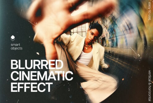 Blurred cinematic effect mockup with woman in cream blazer on urban wall background