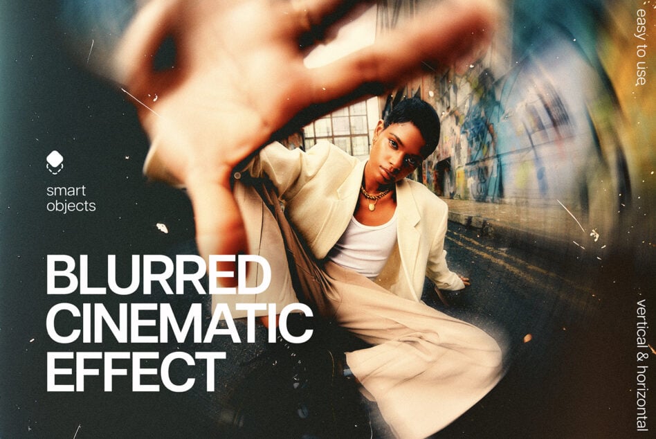 Blurred cinematic effect mockup with woman in cream blazer on urban wall background