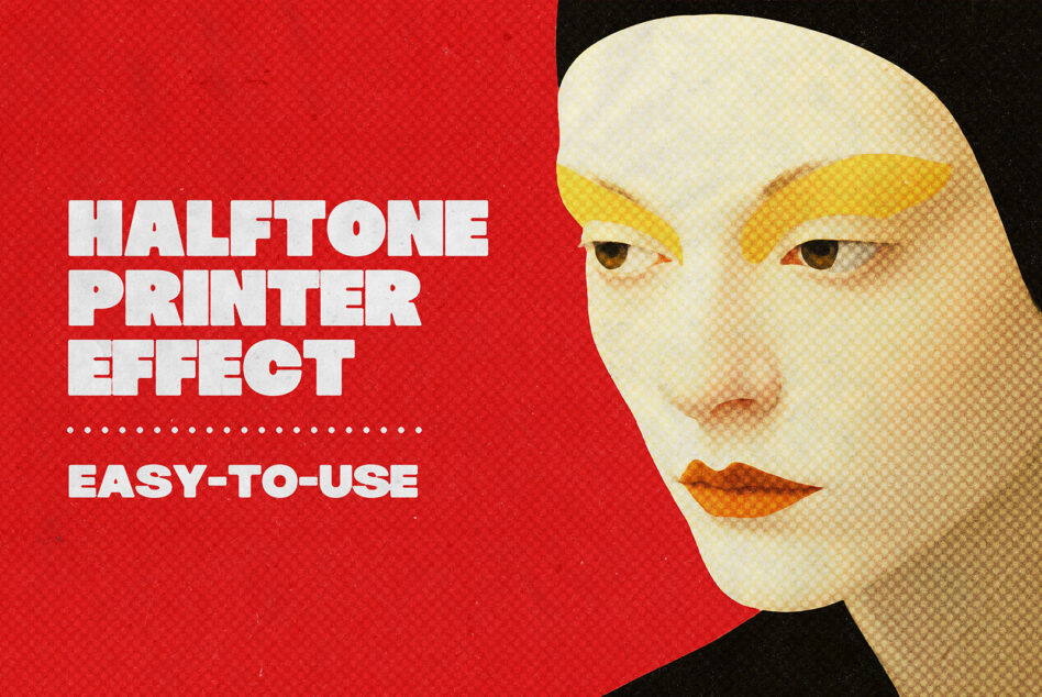Woman profile illustration in white on red left side, right side shows halftone printer effect with yellow tones