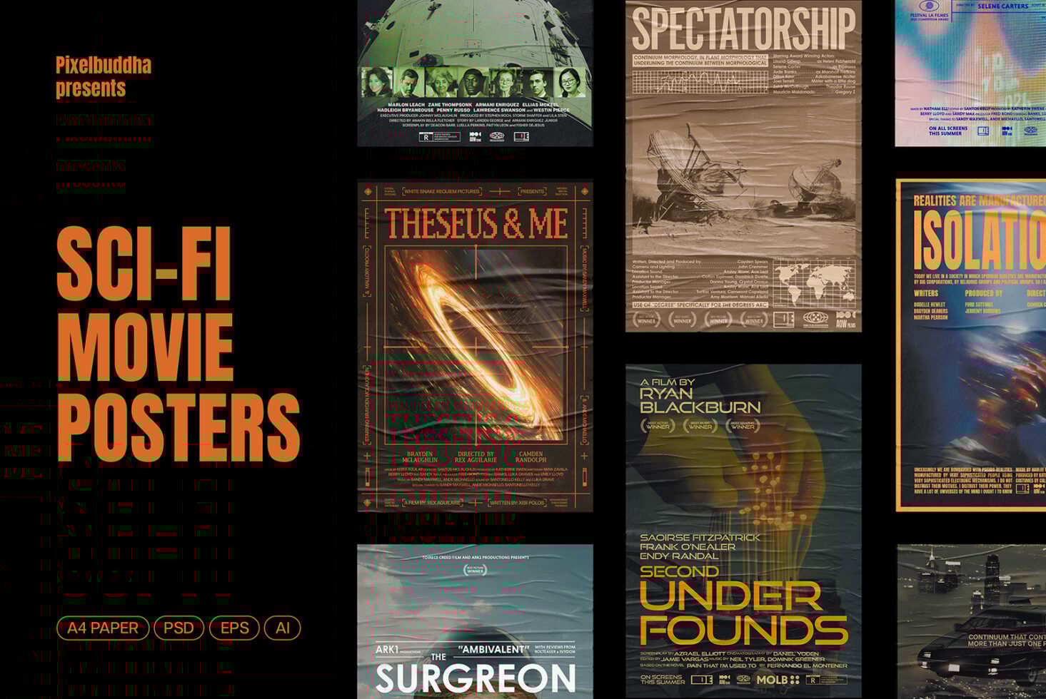 Sci-fi movie posters collection for designers featuring futuristic graphics and templates. Includes A4 paper, PSD, EPS, AI formats for creative projects.